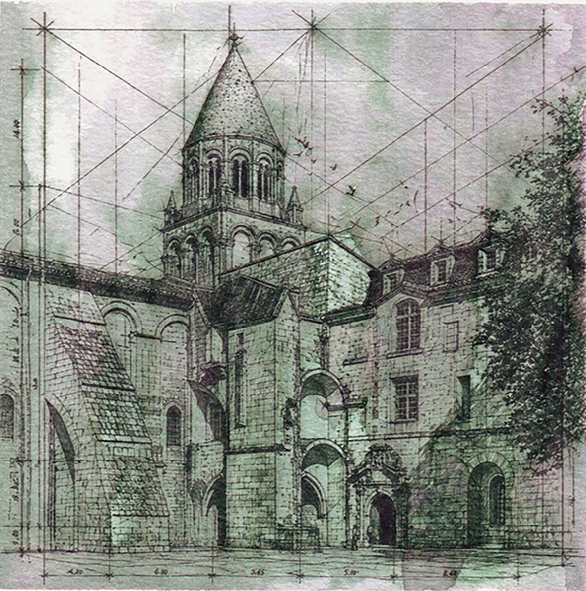 Architectural study of Abbaye Aux Dames, Saintes, France, by Gerald Allen Knowles